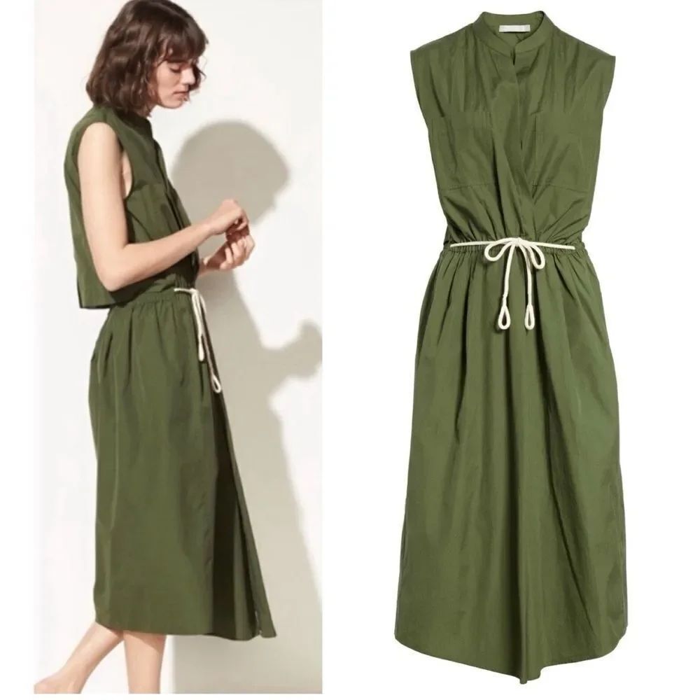 Vince Rope Tie Olive Green Lightweight Cotton Utility Dress